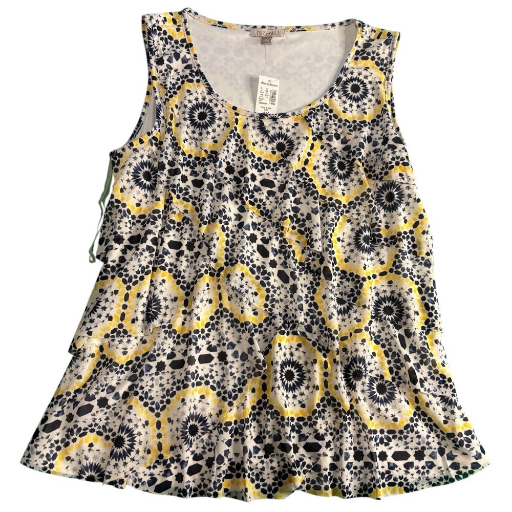 Roz And Ali Top Womens 1X Blue Yellow Layer Tank Ruffle Lined NWT